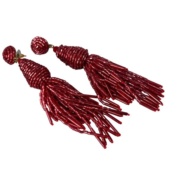 Beaded Red Tassel Pierced Earrings Statement Jewelry Gold Tone Back Vibrant Boho - Picture 1 of 16